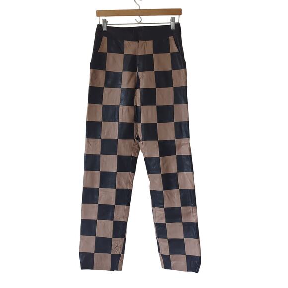 Nasty Gal Checkerboard High Waisted Real Leather Pants Womens 4 Black Brown - Picture 8 of 12